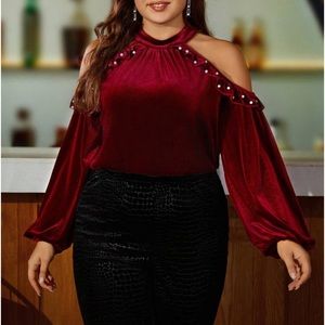 Luxe Plus Size Velvet Pearl Cold Shoulder Evening Top Blouse Shirt Burgundy